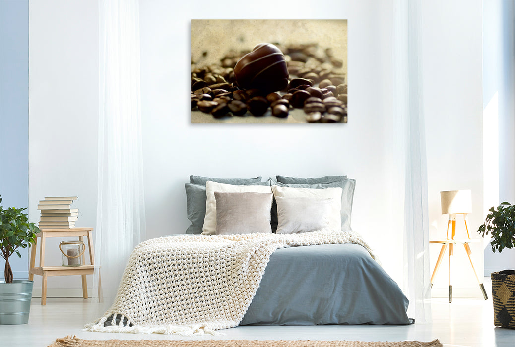 Premium Textil-Leinwand Premium Textil-Leinwand 120 cm x 80 cm quer Schokolade mit Kaffeebohnen