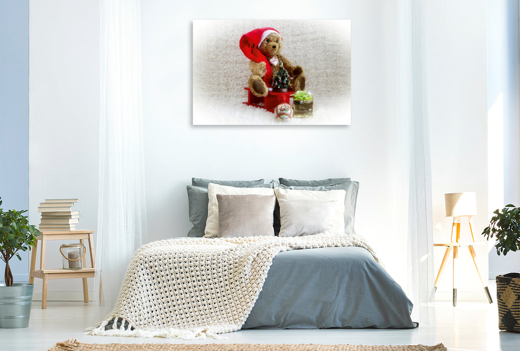 Premium Textil-Leinwand Premium Textil-Leinwand 120 cm x 80 cm quer Weihnachten mitTeddy