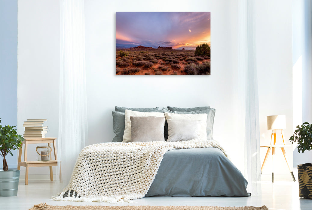 Premium Textil-Leinwand Premium Textil-Leinwand 120 cm x 80 cm quer Sunset - Arches National Park