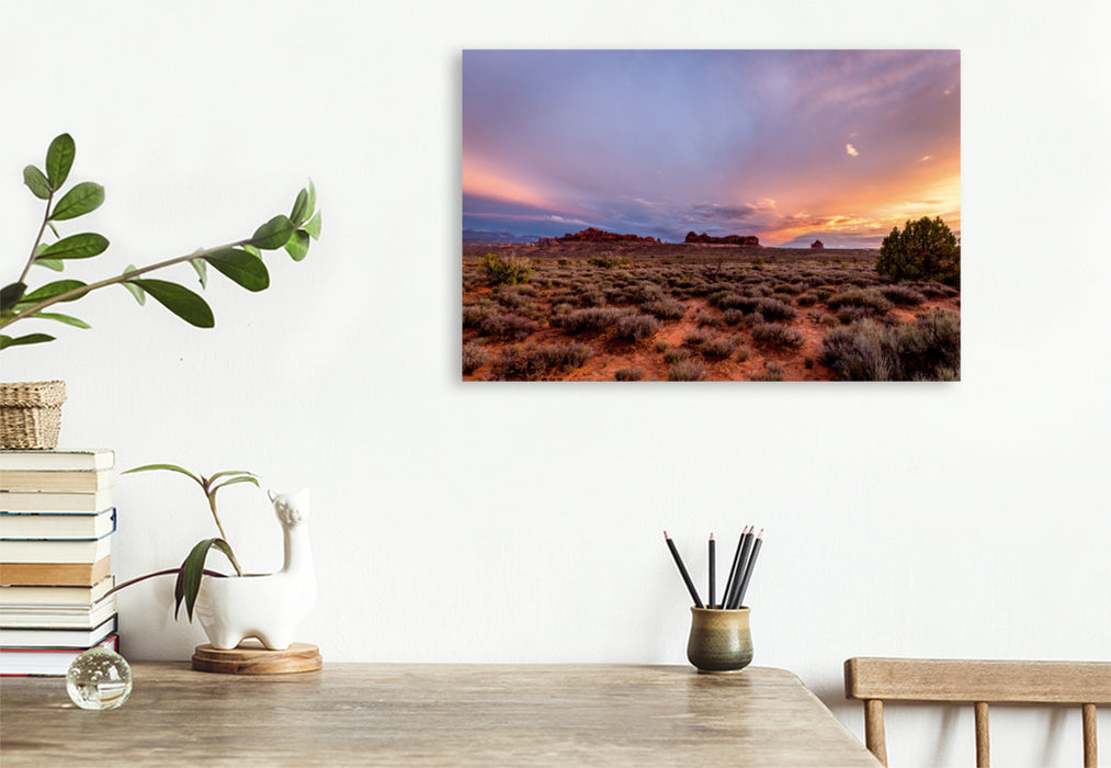 Premium Textil-Leinwand Premium Textil-Leinwand 120 cm x 80 cm quer Sunset - Arches National Park