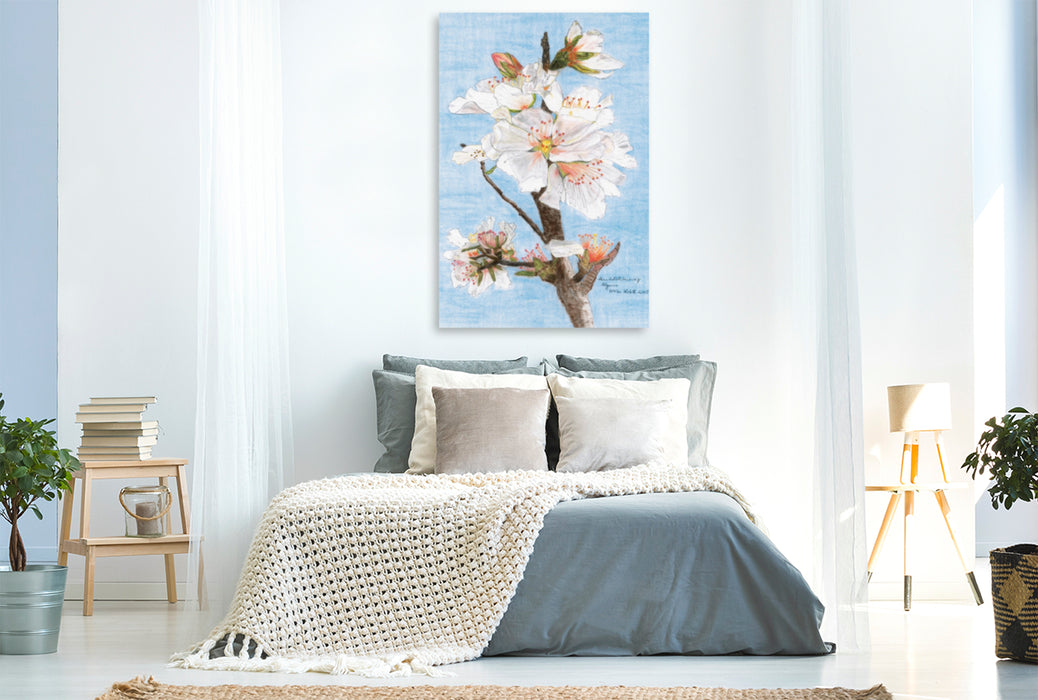 Toile textile premium Toile textile premium 80 cm x 120 cm de haut branche de fleur d'amandier Algarve - craie pastel 