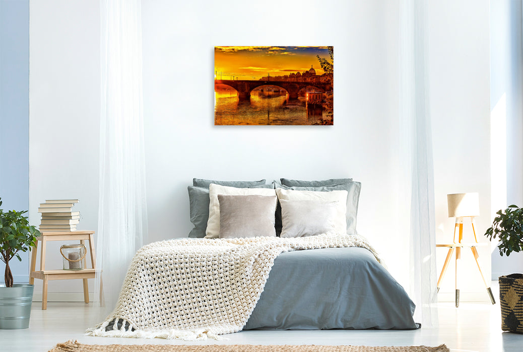 Premium Textil-Leinwand Premium Textil-Leinwand 120 cm x 80 cm quer Sonnenaufgang über der Elbe in Dresden