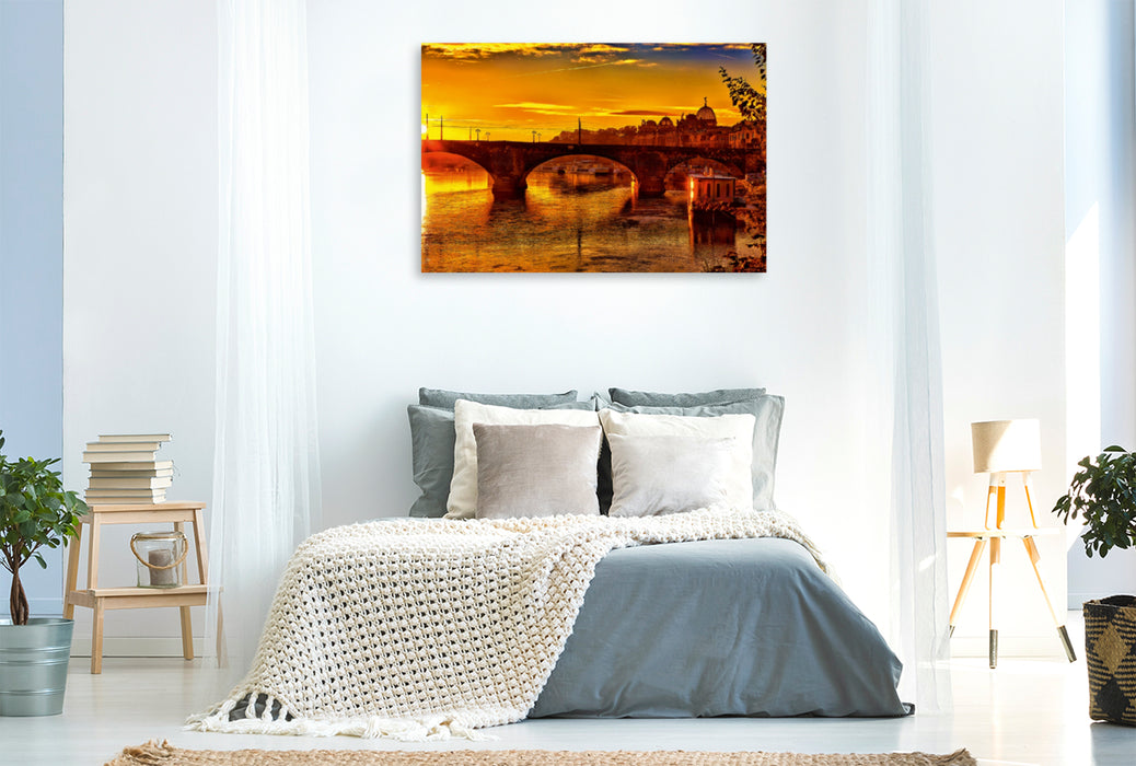 Premium Textil-Leinwand Premium Textil-Leinwand 120 cm x 80 cm quer Sonnenaufgang über der Elbe in Dresden