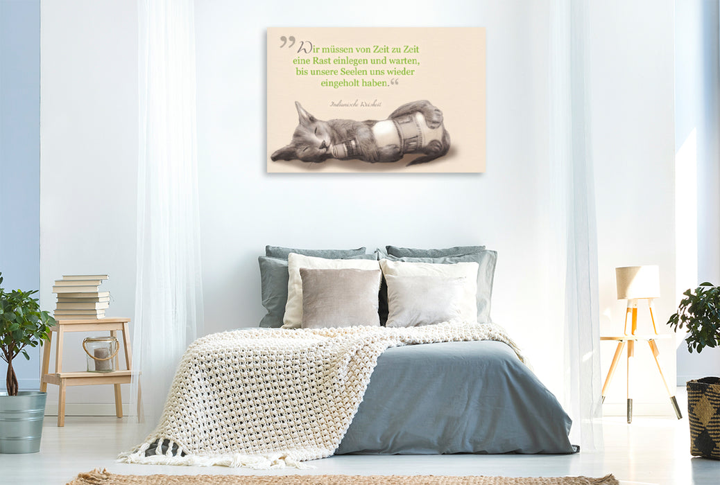 Toile textile premium Toile textile premium 120 cm x 80 cm paysage Faites une pause - dessin de chat avec citation 