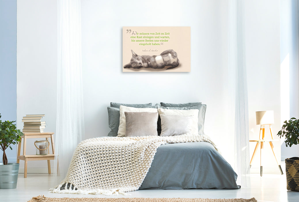 Toile textile premium Toile textile premium 120 cm x 80 cm paysage Faites une pause - dessin de chat avec citation 