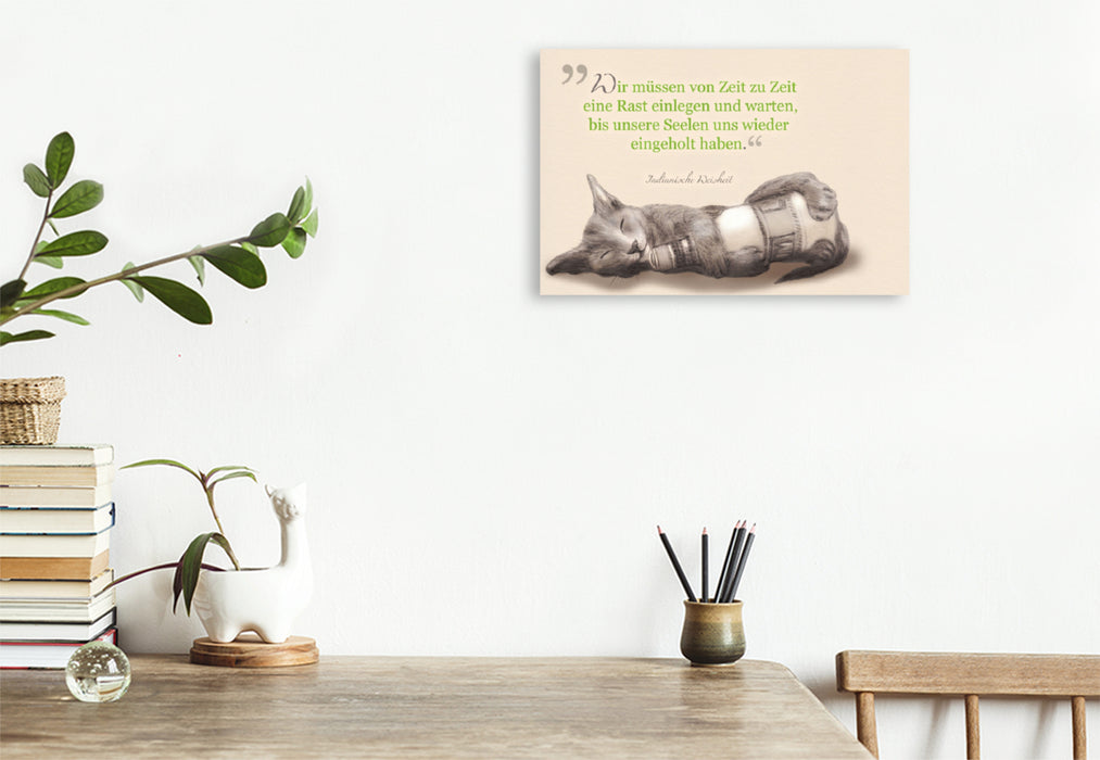 Toile textile premium Toile textile premium 120 cm x 80 cm paysage Faites une pause - dessin de chat avec citation 