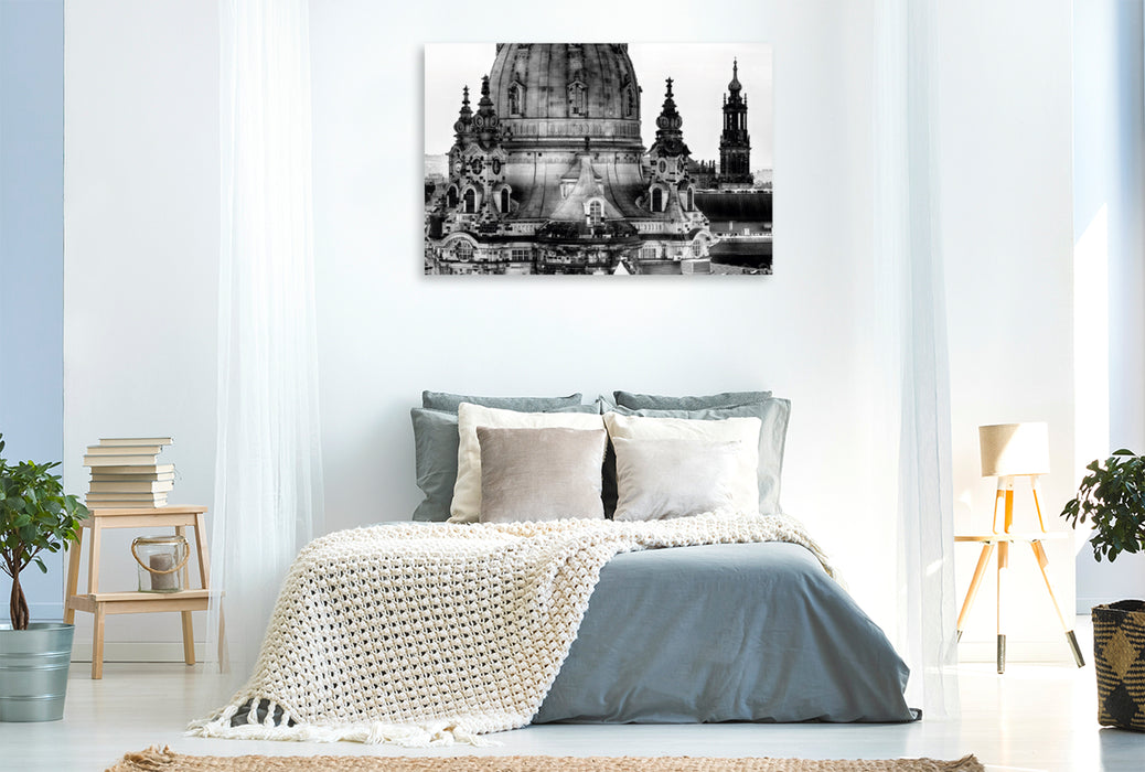 Toile textile haut de gamme Toile textile haut de gamme 120 cm x 80 cm paysage Un motif du calendrier Dresde Fascination Noir Blanc "Frauenkirche" 