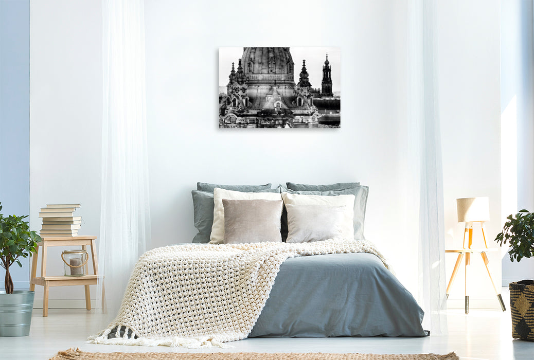 Toile textile haut de gamme Toile textile haut de gamme 120 cm x 80 cm paysage Un motif du calendrier Dresde Fascination Noir Blanc "Frauenkirche" 