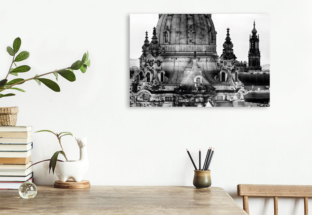 Toile textile haut de gamme Toile textile haut de gamme 120 cm x 80 cm paysage Un motif du calendrier Dresde Fascination Noir Blanc "Frauenkirche" 