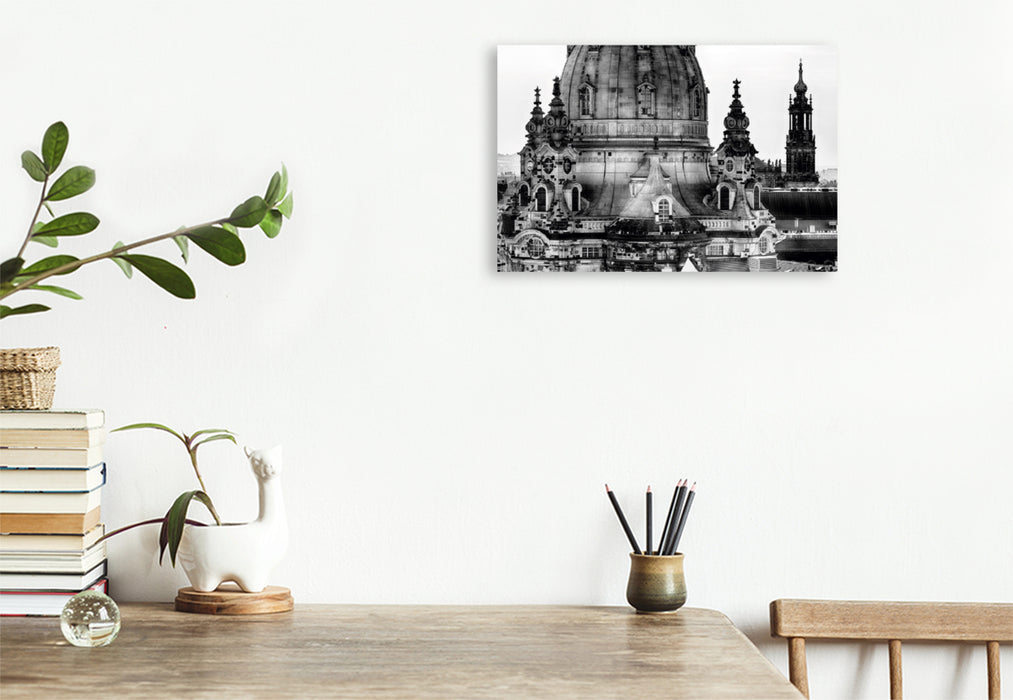 Premium Textil-Leinwand Premium Textil-Leinwand 120 cm x 80 cm quer Ein Motiv aus dem Kalender Dresden Faszination Schwarz Weiss " Frauenkirche"