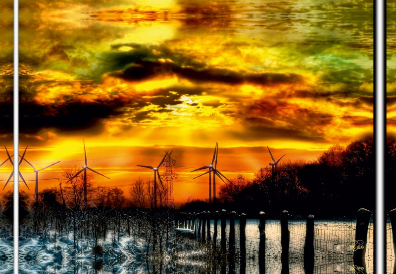 Premium Textil-Leinwand Windräder im Sonnenuntergang