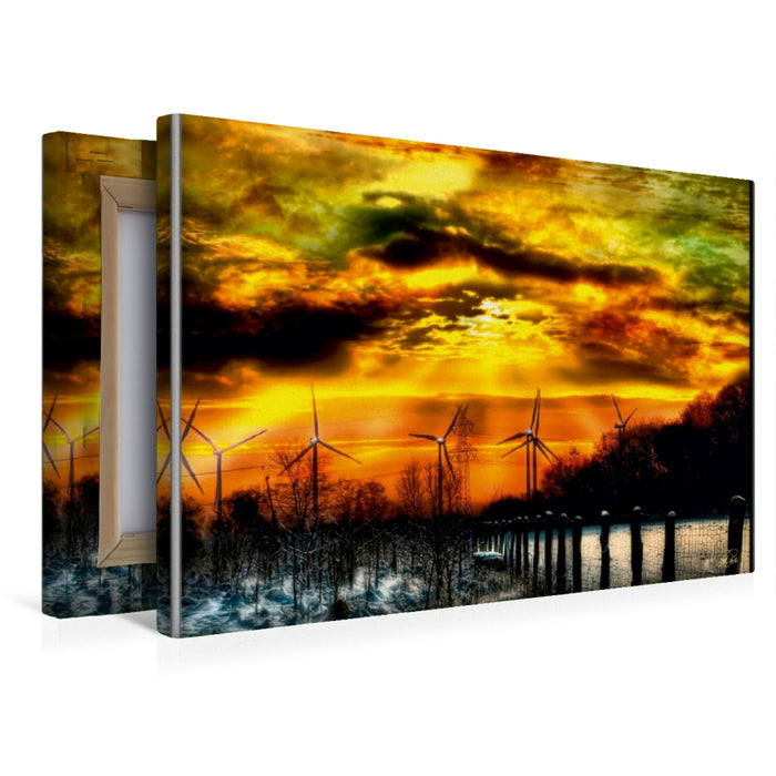 Premium Textil-Leinwand Windräder im Sonnenuntergang