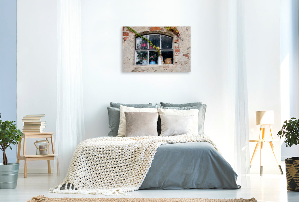 Toile textile haut de gamme Toile textile haut de gamme 120 cm x 80 cm Fenêtre paysage avec vrilles de lierre 
