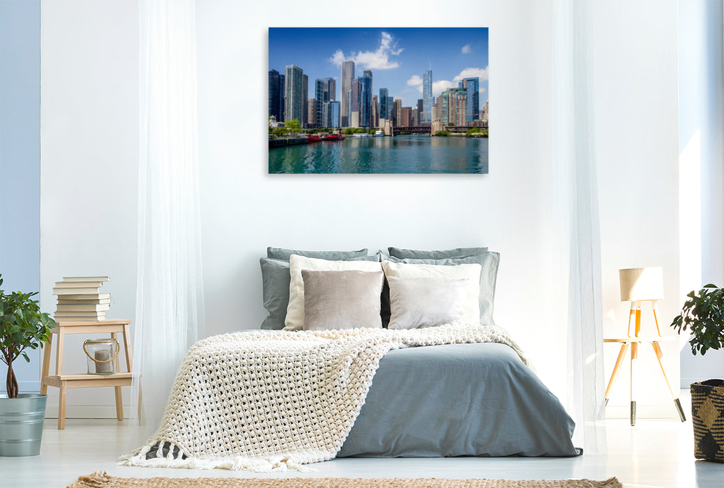 Premium Textil-Leinwand Premium Textil-Leinwand 120 cm x 80 cm quer Chicago River und Skyline