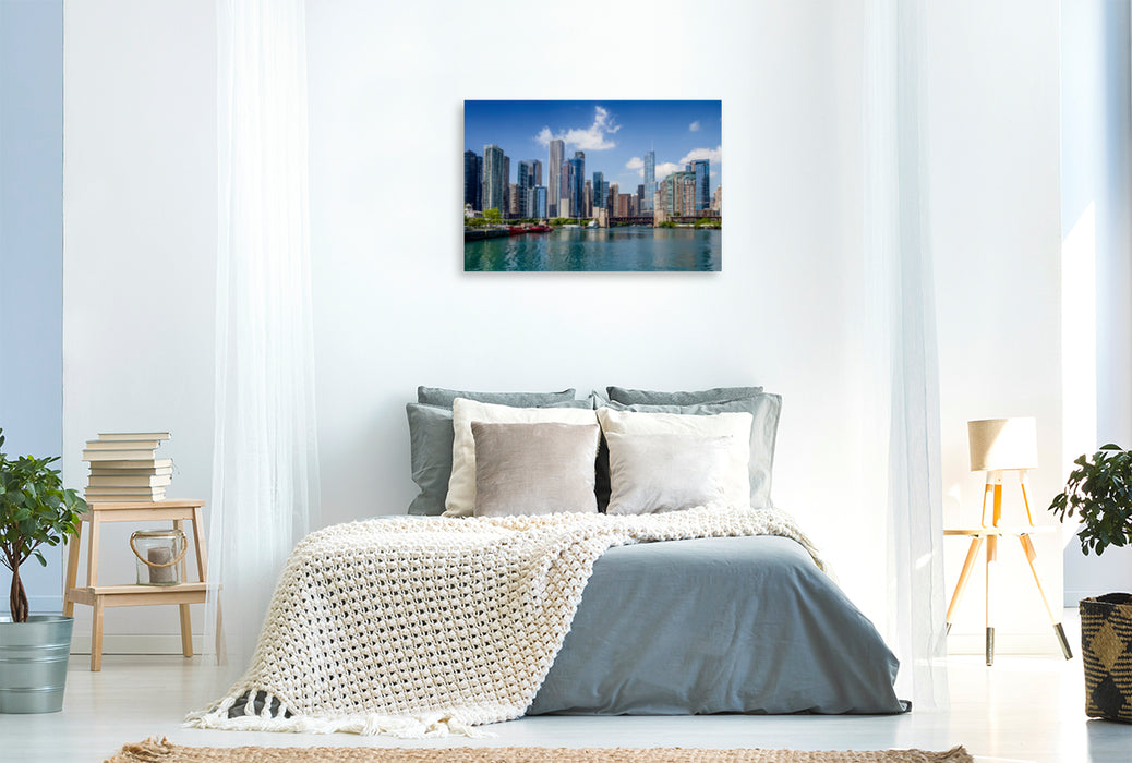 Premium Textil-Leinwand Premium Textil-Leinwand 120 cm x 80 cm quer Chicago River und Skyline