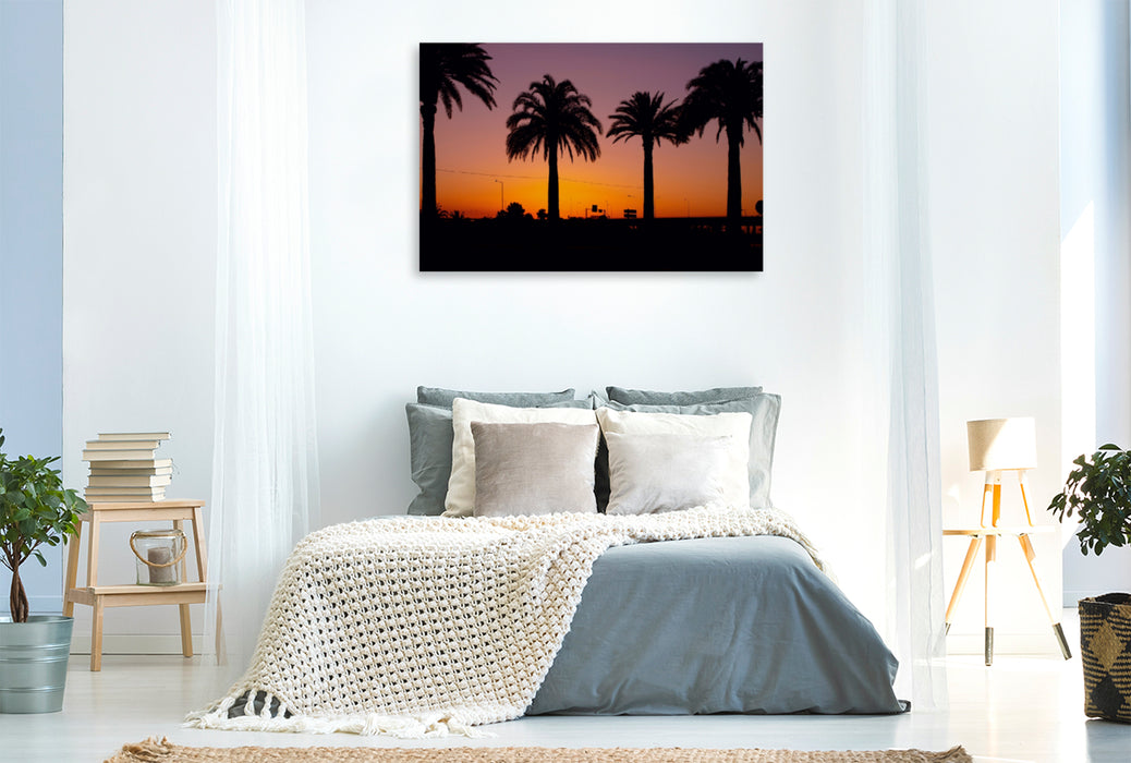 Toile textile premium Toile textile premium 120 cm x 80 cm paysage Portugal - palmiers au coucher du soleil 