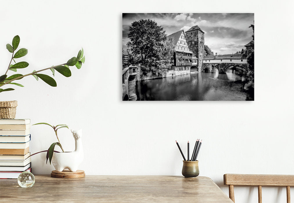 Premium Textil-Leinwand Premium Textil-Leinwand 120 cm x 80 cm quer NÜRNBERG Blick von der Maxbrücke zum Henkersteg  Monochrom