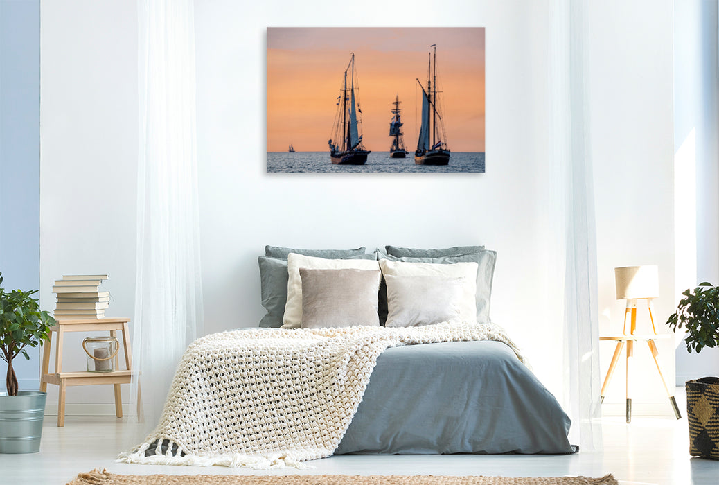 Toile textile haut de gamme Toile textile haut de gamme 120 cm x 80 cm paysage Windjammer sur la mer Baltique dans la lumière du soir 