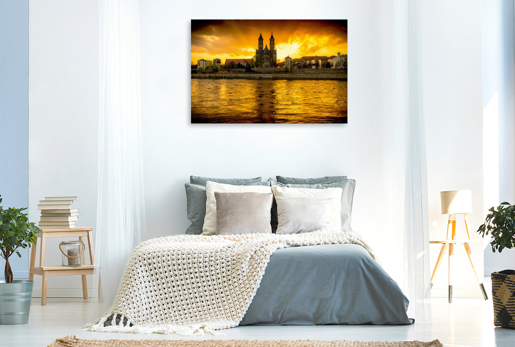 Toile textile premium Toile textile premium 120 cm x 80 cm paysage Coucher de soleil sur l'Elbe 