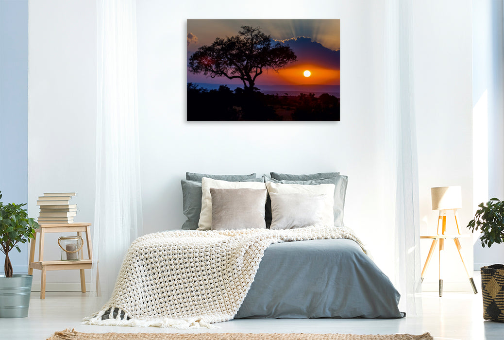 Premium Textil-Leinwand Premium Textil-Leinwand 120 cm x 80 cm quer Sonnenuntergang in der Masai Mara in Kenia