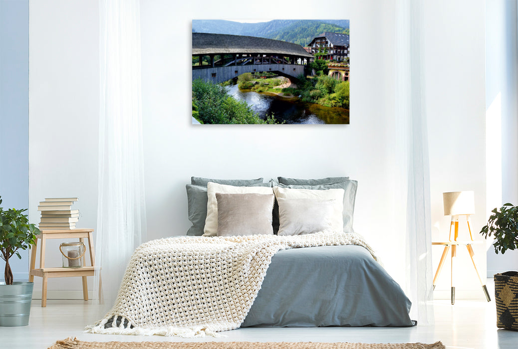 Toile textile premium Toile textile premium 120 cm x 80 cm paysage Pont en bois historique - emblème de Forbach 