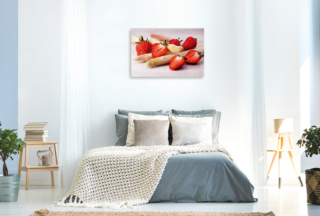 Premium Textil-Leinwand Premium Textil-Leinwand 120 cm x 80 cm quer Erdbeeren an Spargel