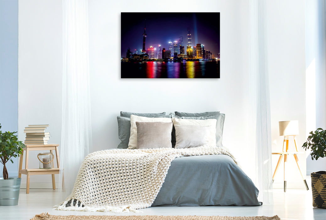 Premium Textil-Leinwand Premium Textil-Leinwand 120 cm x 80 cm quer Fantastische Skyline mit Shanghai Pearl Tower bei Nacht