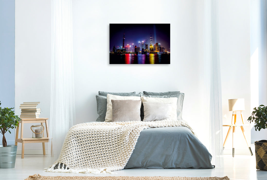 Premium Textil-Leinwand Premium Textil-Leinwand 120 cm x 80 cm quer Fantastische Skyline mit Shanghai Pearl Tower bei Nacht