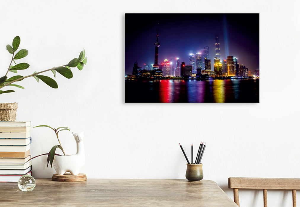 Premium Textil-Leinwand Premium Textil-Leinwand 120 cm x 80 cm quer Fantastische Skyline mit Shanghai Pearl Tower bei Nacht