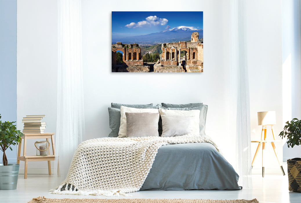 Premium textile canvas Premium textile canvas 120 cm x 80 cm landscape Taormina - Greek theater with a view of Etna 