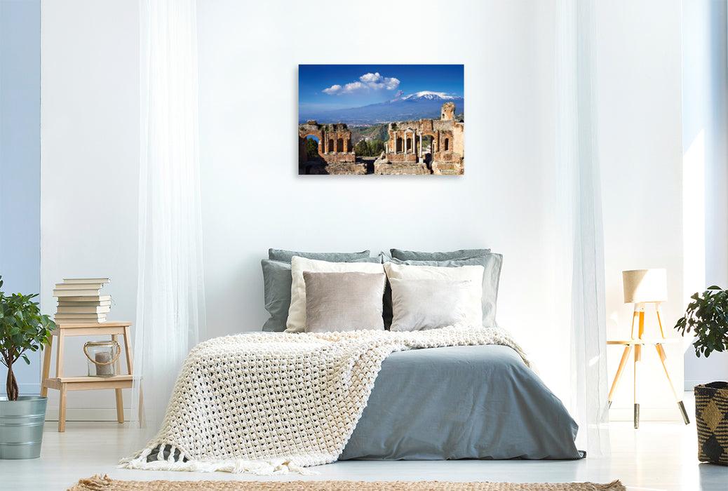 Premium textile canvas Premium textile canvas 120 cm x 80 cm landscape Taormina - Greek theater with a view of Etna 