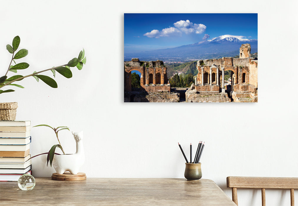 Premium textile canvas Premium textile canvas 120 cm x 80 cm landscape Taormina - Greek theater with a view of Etna 