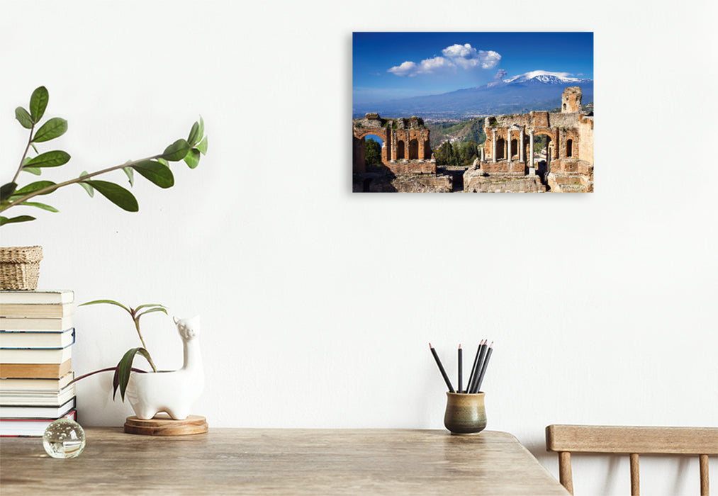 Premium textile canvas Premium textile canvas 120 cm x 80 cm landscape Taormina - Greek theater with a view of Etna 