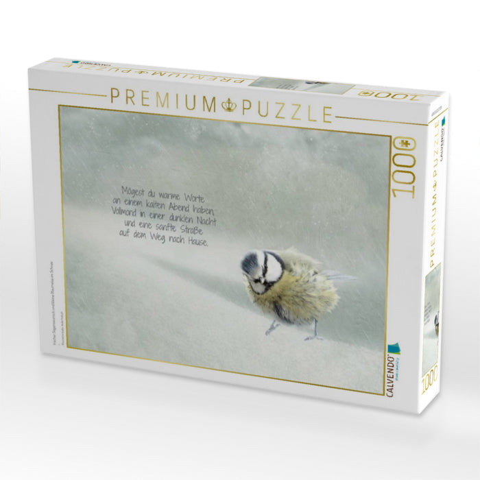 Irischer Segenswunsch und kleine Blaumeise im Schnee - CALVENDO Foto-Puzzle'