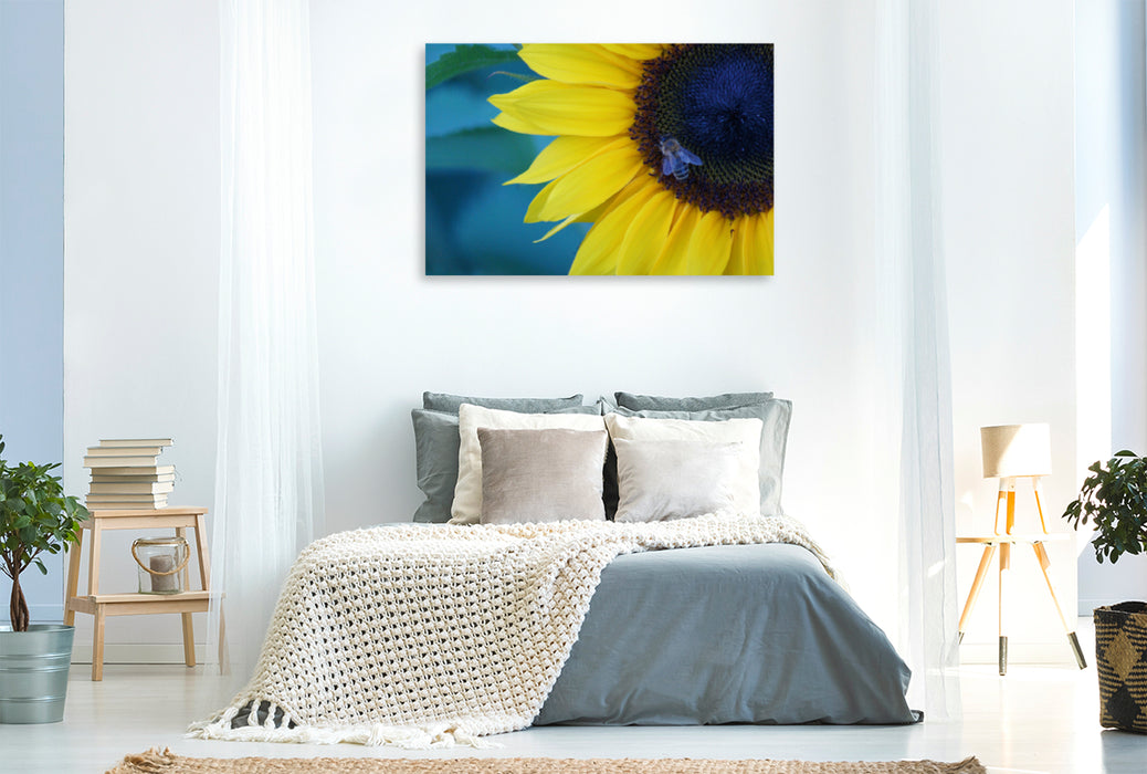 Toile textile haut de gamme Toile textile haut de gamme 120 cm x 80 cm paysage abeille sur fleur de tournesol 