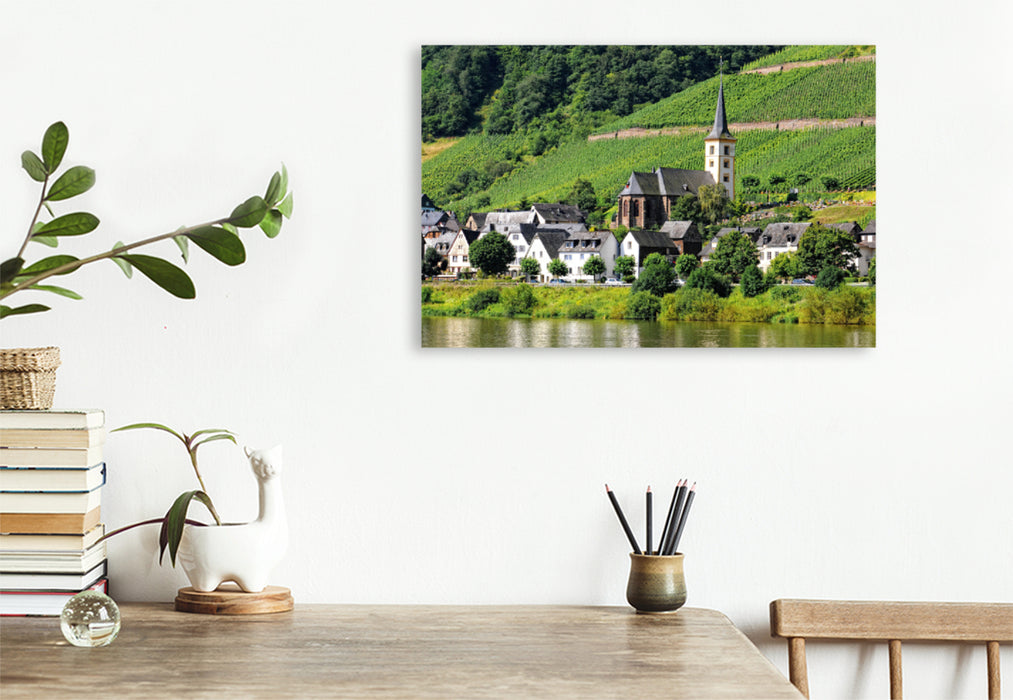 Premium textile canvas Premium textile canvas 75 cm x 50 cm across St. Laurentius Church in front of Calmont (Mosel) 