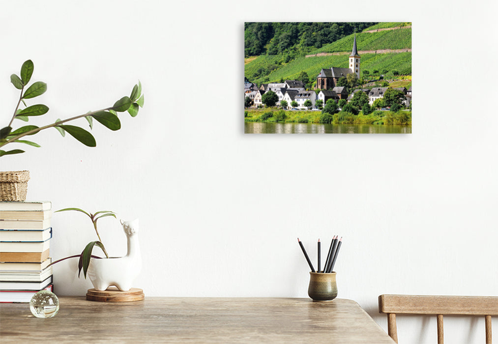 Premium textile canvas Premium textile canvas 75 cm x 50 cm across St. Laurentius Church in front of Calmont (Mosel) 