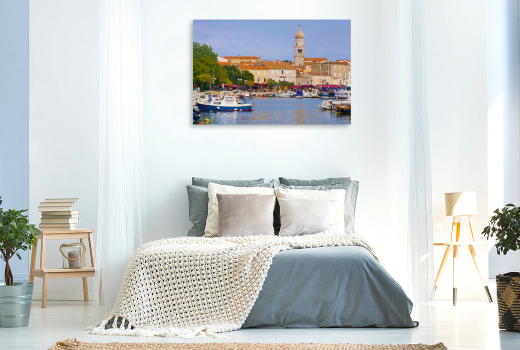 Toile textile haut de gamme Toile textile haut de gamme 120 cm x 80 cm paysage port de Krk avec la vieille ville 