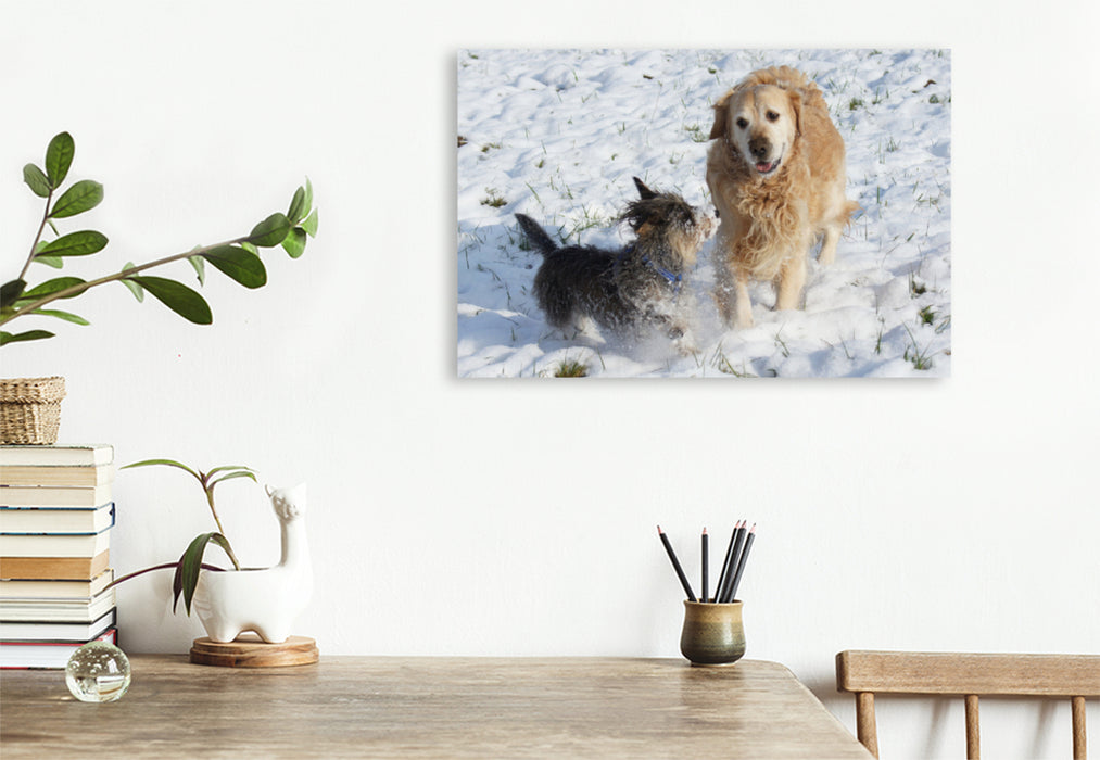 Premium textile canvas Premium textile canvas 75 cm x 50 cm landscape Dog friendship in winter 