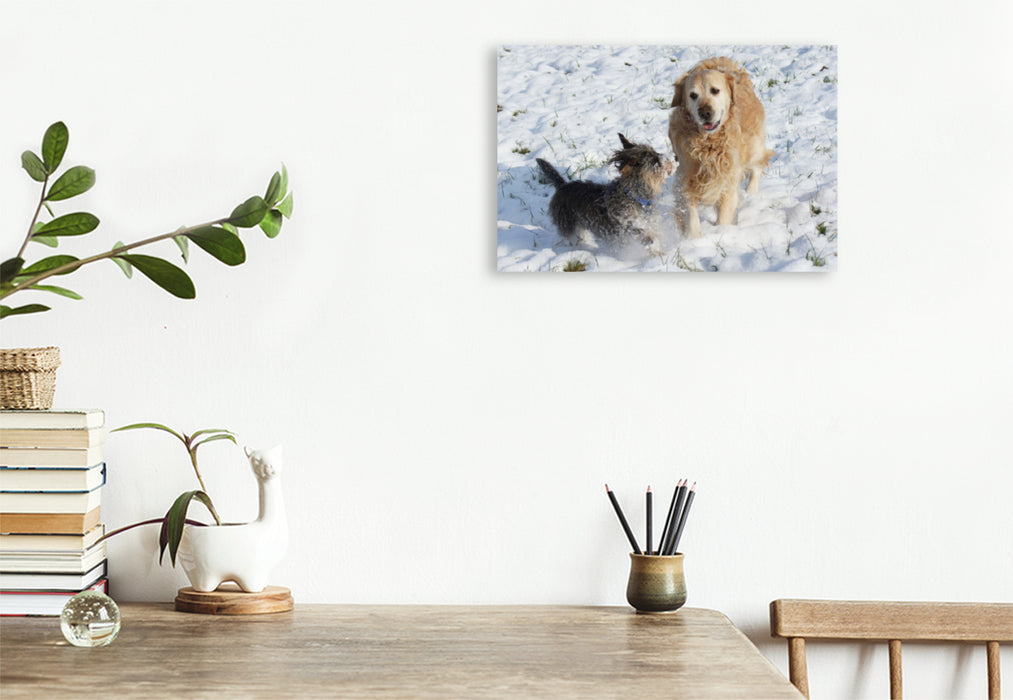 Premium textile canvas Premium textile canvas 75 cm x 50 cm landscape Dog friendship in winter 