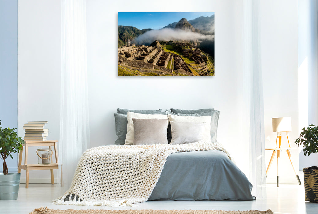 Toile textile premium Toile textile premium 120 cm x 80 cm paysage Machu Picchu dans la brume matinale 