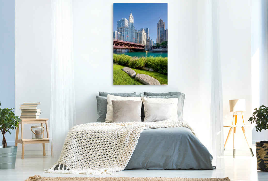 Premium Textil-Leinwand Premium Textil-Leinwand 80 cm x 120 cm  hoch Chicago River und DuSable Bridge