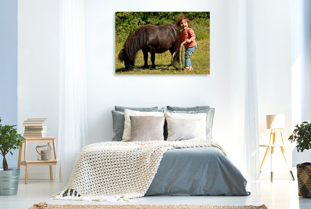 Premium Textil-Leinwand Premium Textil-Leinwand 120 cm x 80 cm quer Kinderfreude mit Shetlandpony