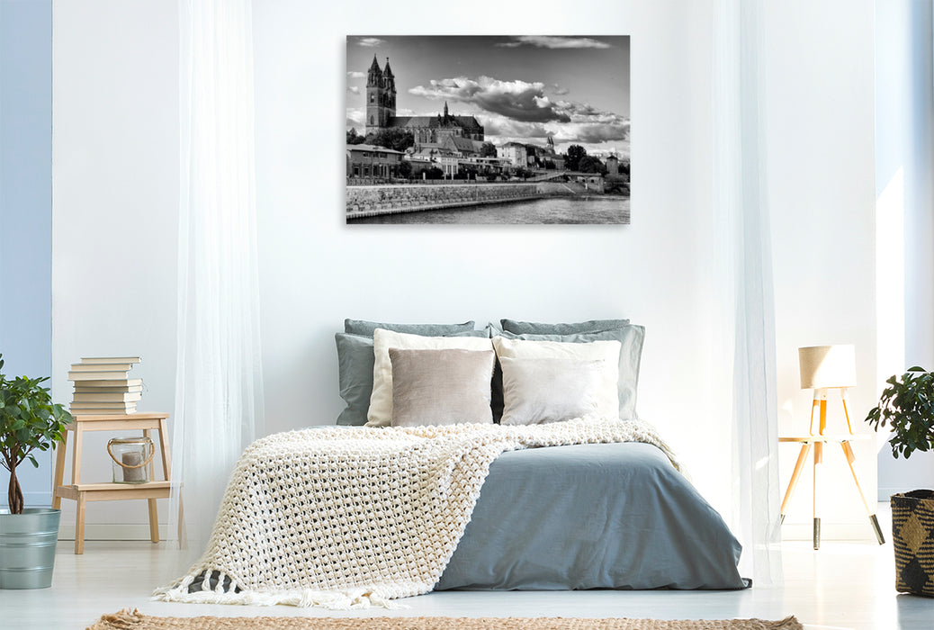 Toile textile haut de gamme Toile textile haut de gamme 120 cm x 80 cm paysage Un motif du calendrier de Magdebourg en noir et blanc 