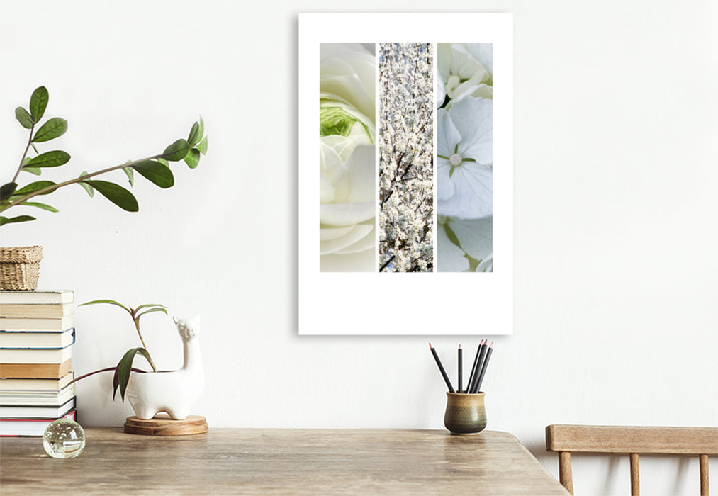 Premium Textil-Leinwand Premium Textil-Leinwand 80 cm x 120 cm  hoch Natural Trios - Weiße Blüten