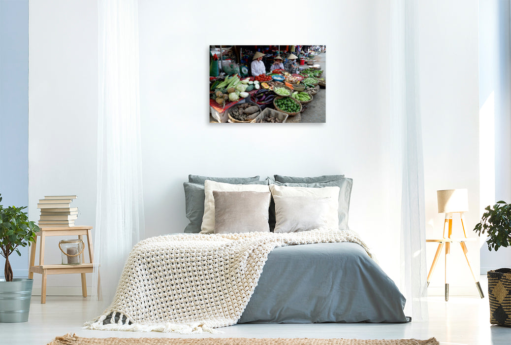 Premium Textil-Leinwand Premium Textil-Leinwand 90 cm x 60 cm quer Obst und Gemüsemarkt mit bunter Auswahl