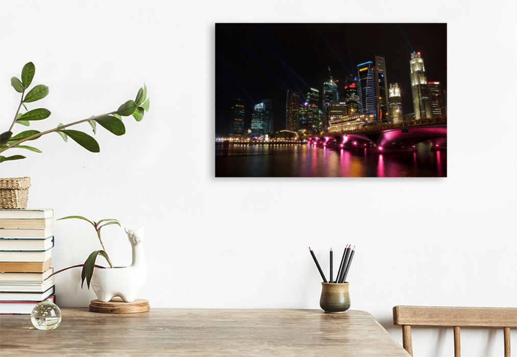 Premium Textil-Leinwand Premium Textil-Leinwand 120 cm x 80 cm quer Esplanade-Brücke mit Singapur-Skyline