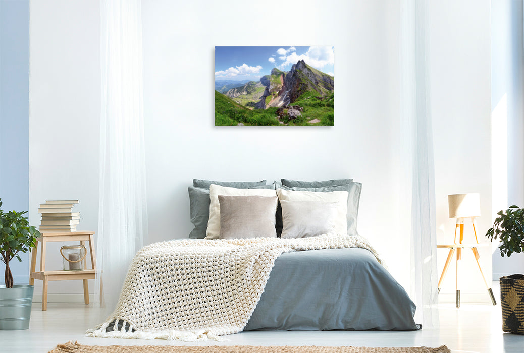 Premium textile canvas Premium textile canvas 90 cm x 60 cm landscape View of the Rofan Mountains 