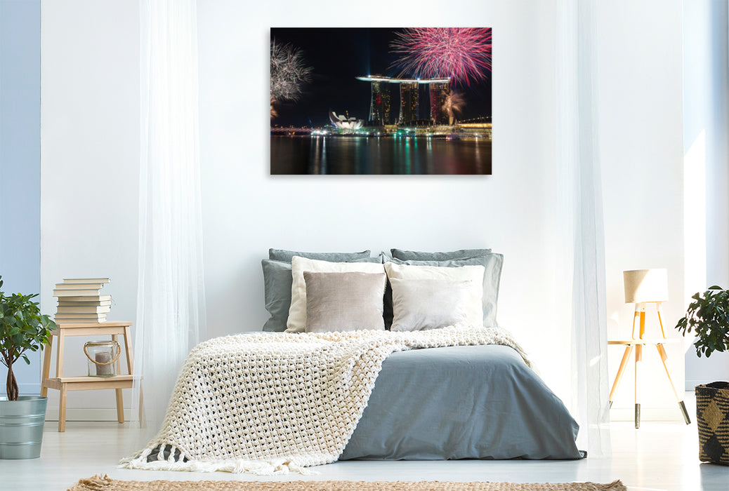 Premium Textil-Leinwand Premium Textil-Leinwand 120 cm x 80 cm quer Feuerwerk über der Marina Bay