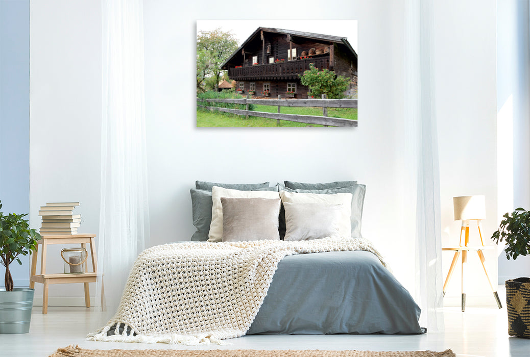 Premium Textil-Leinwand Premium Textil-Leinwand 120 cm x 80 cm quer historisches Bauernhaus aus Holz im Bayerischen Wald, Bayern, Deutschland, Europa